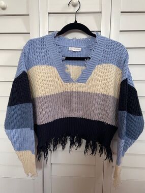 Blue Striped Sweater with Fringe